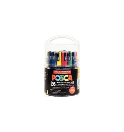 Seau 26 marqueurs peinture Posca couleurs classiques et pointes